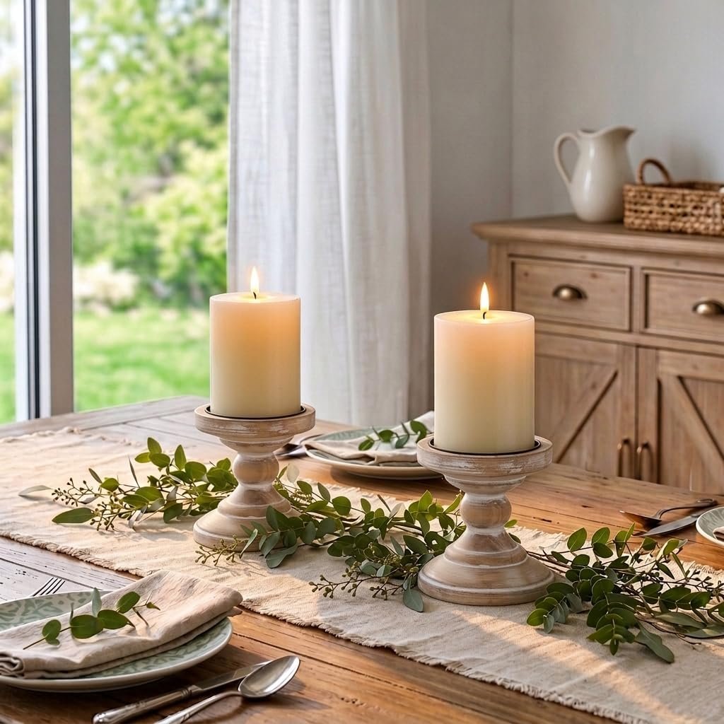 Wood Pillar Candle Holder: Rustic Distressed White Candle Stand