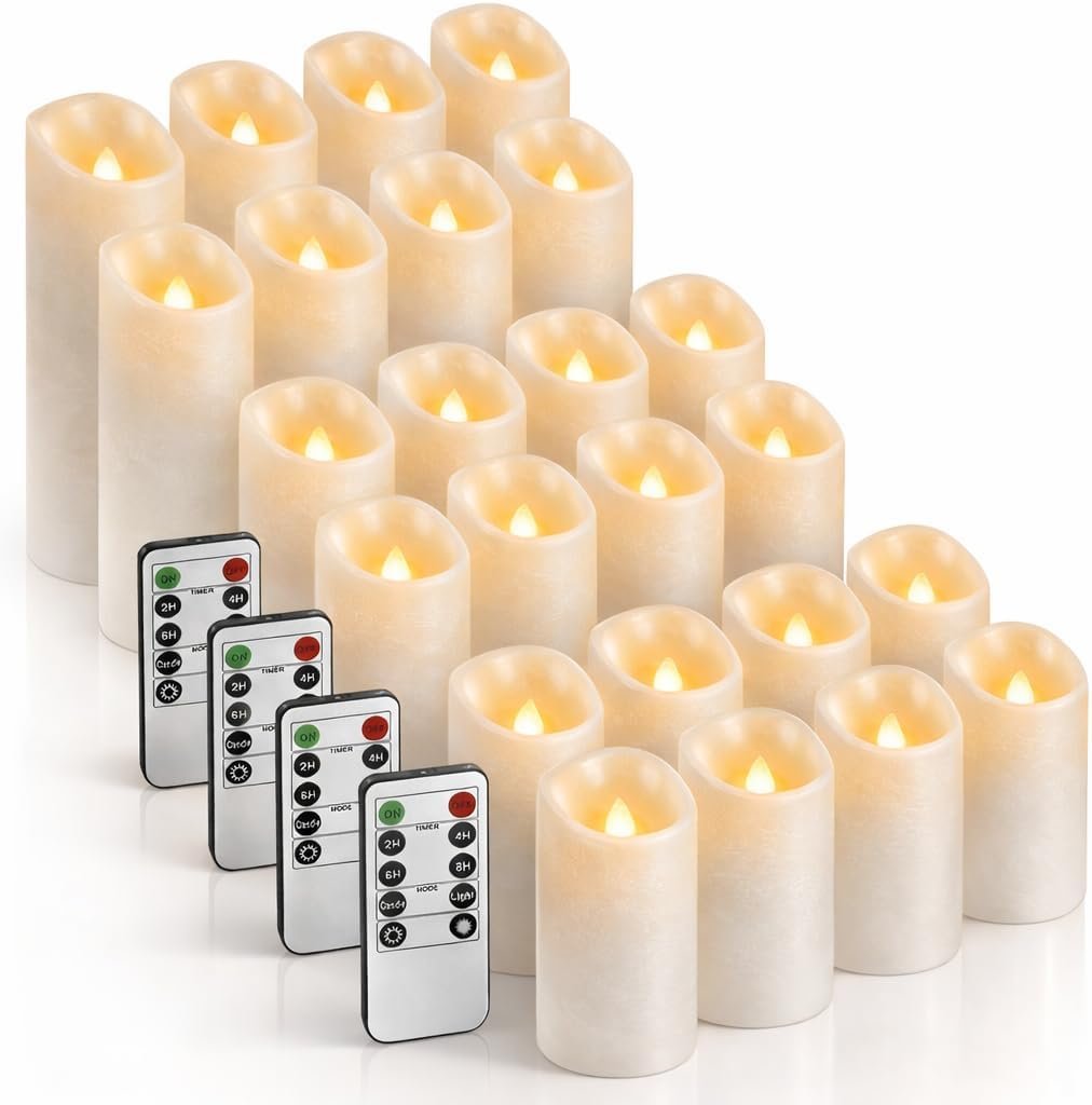 Enido Set of 24 Outdoor LED Candles, Battery Operated Flickering Waterproof Candles with 4 Remote (D2.2” x H4”5”6”) for Halloween,Wedding,Christmas Decor(White)