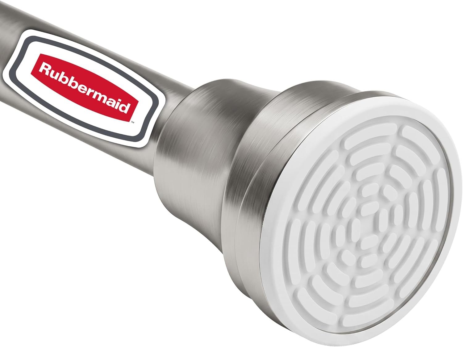 Rubbermaid Shower Curtain Rod with Choice of No Drill Tension or Wall-Mount Installation, 26-76 Inches Adjustable Shower Rod for Bathroom, Non-Slip, No Rust, Decorative Finials, Brushed Nickel