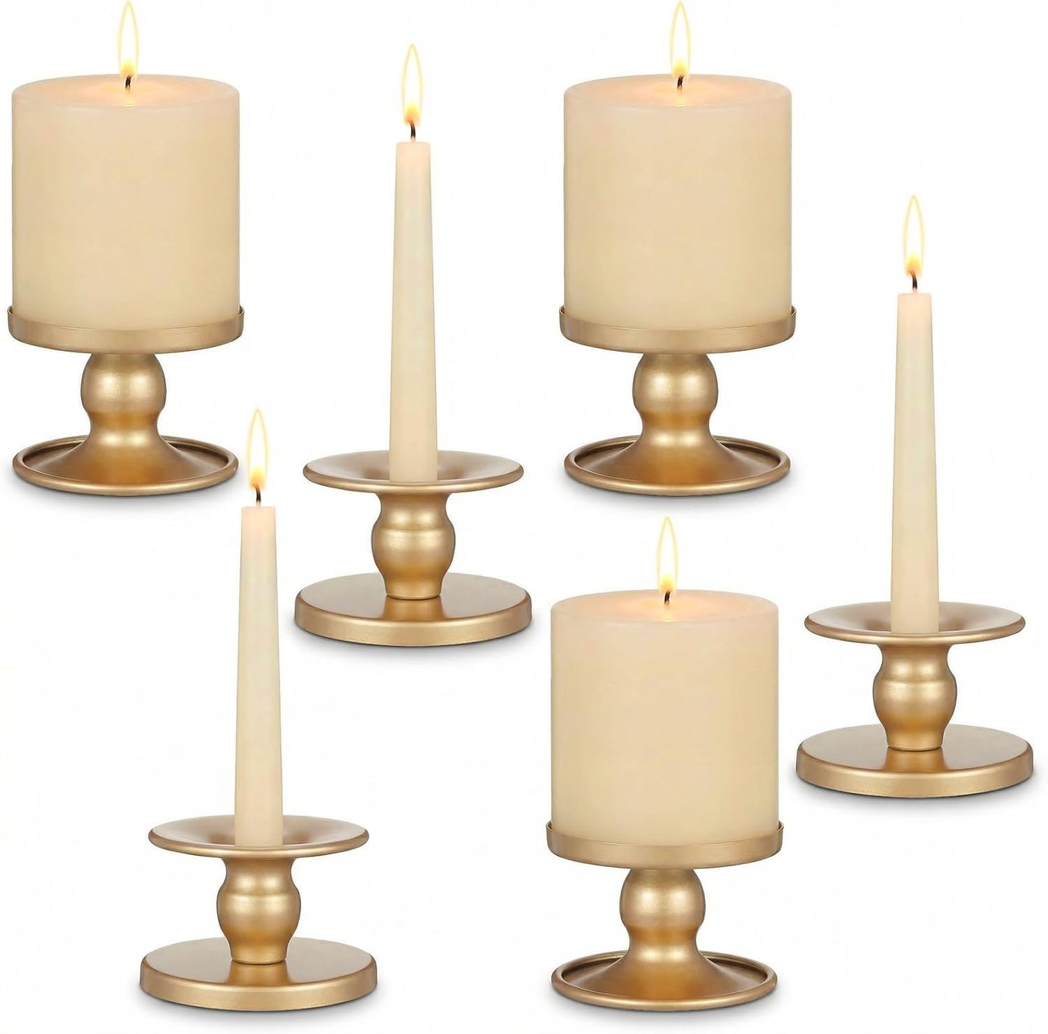 Gold Candle Holders Set of 6, Reversible Pillar Candle Holder and Taper Candles Stand, Metal Table Centerpiece for Wedding Dining Room Holiday Decor