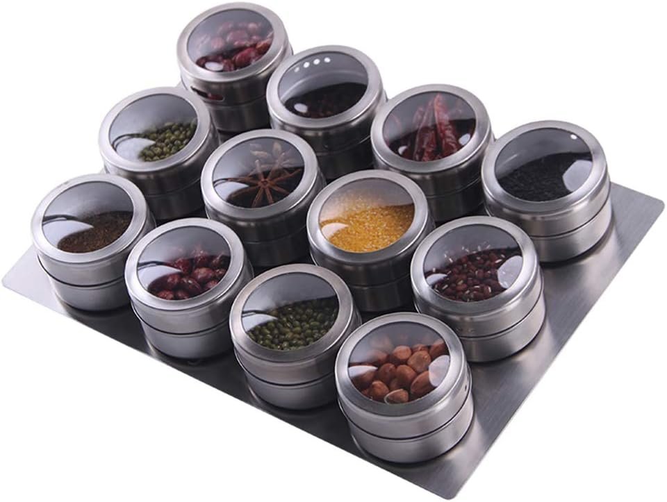 12 Magnetic Spice Jar Containers Spice Tins – Wall Mounted Stainless Steel Base – Easy to Install