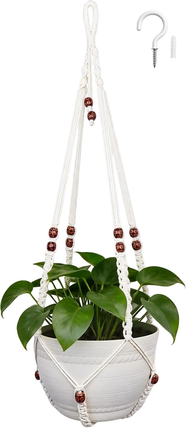 35 Inch Macrame Plant Hanger, Large for up to 15 Inch Pot Extra Long Hanging Planter Holder Basket with Wood Beads for Indoor Outdoor Home Decor (Ivory, 1-Pack)