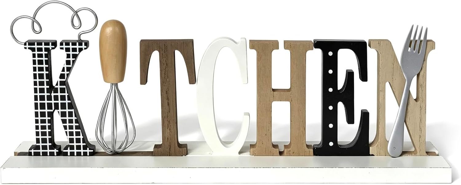 Wooden Kitchen Tabletop Sign, Farmhouse Kitchen Countertop Decor，Whisk & Fork Kitchen Sign