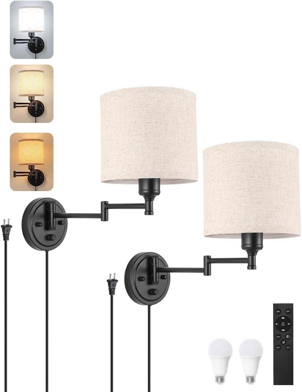 Plug in Wall Sconces with Remote Control, Dimming 10%-100% & Adjustable Colors 2700K-6500K, Hardwire or Plug-in, Swing Arm Wall Lamp with Linen Fabric Shade, Wall Sconces Set of Two, Black Finish