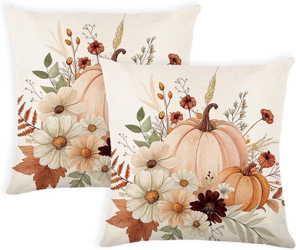 Fall Pumpkin Pillow Covers 20×20 Inch Set of 2 Autumn Flower Pumpkins Throw Pillow Cover Indoor Outdoor Decorative Pillow Case Thanksgiving Harvest Cushion Case Sofa Couch Fall Decorations