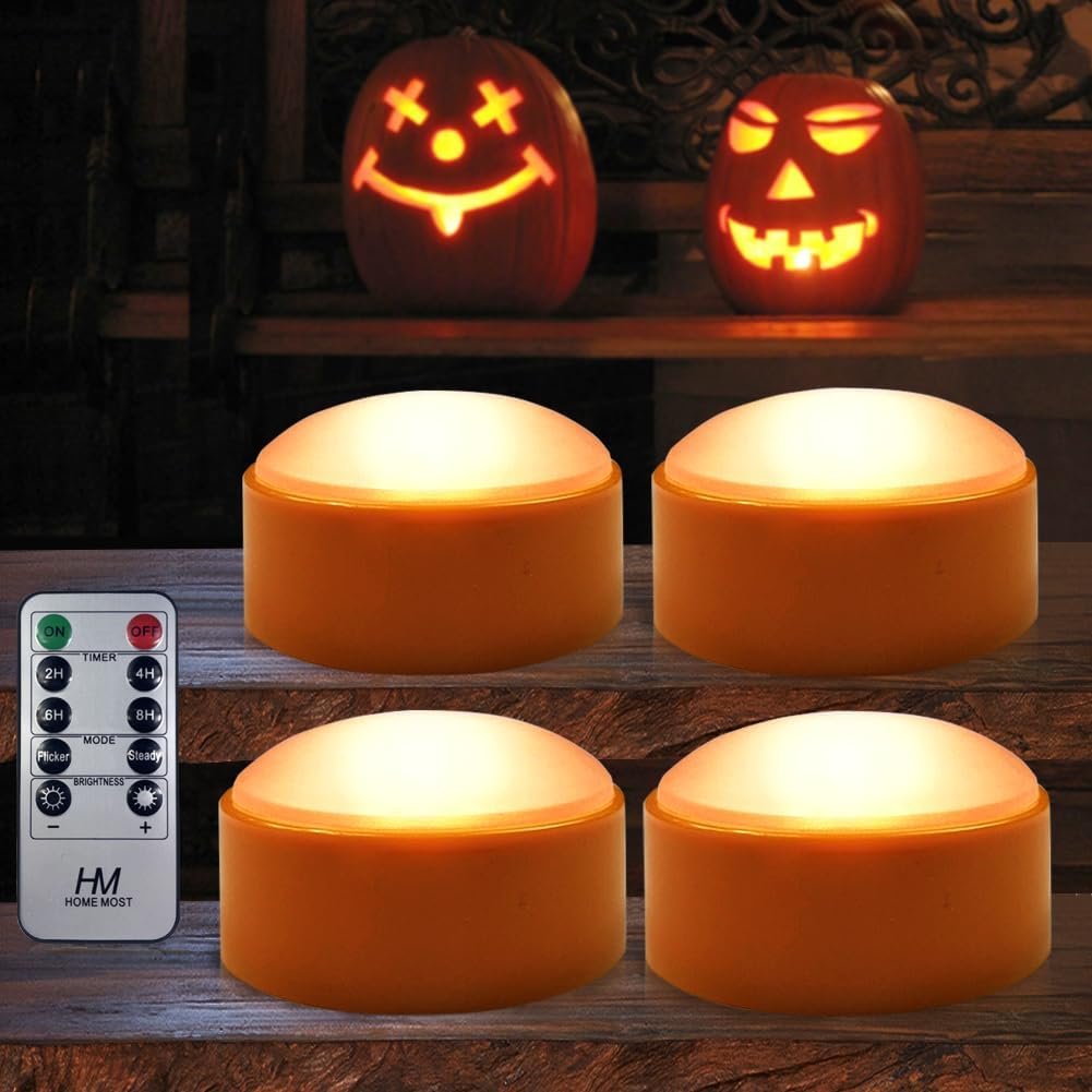 4-Pack Halloween LED Pumpkin Lights Battery Operated – Orange Pumpkin Lights with Timer and Remote Halloween Decor – Jack-O-Lantern Decoration Outdoor