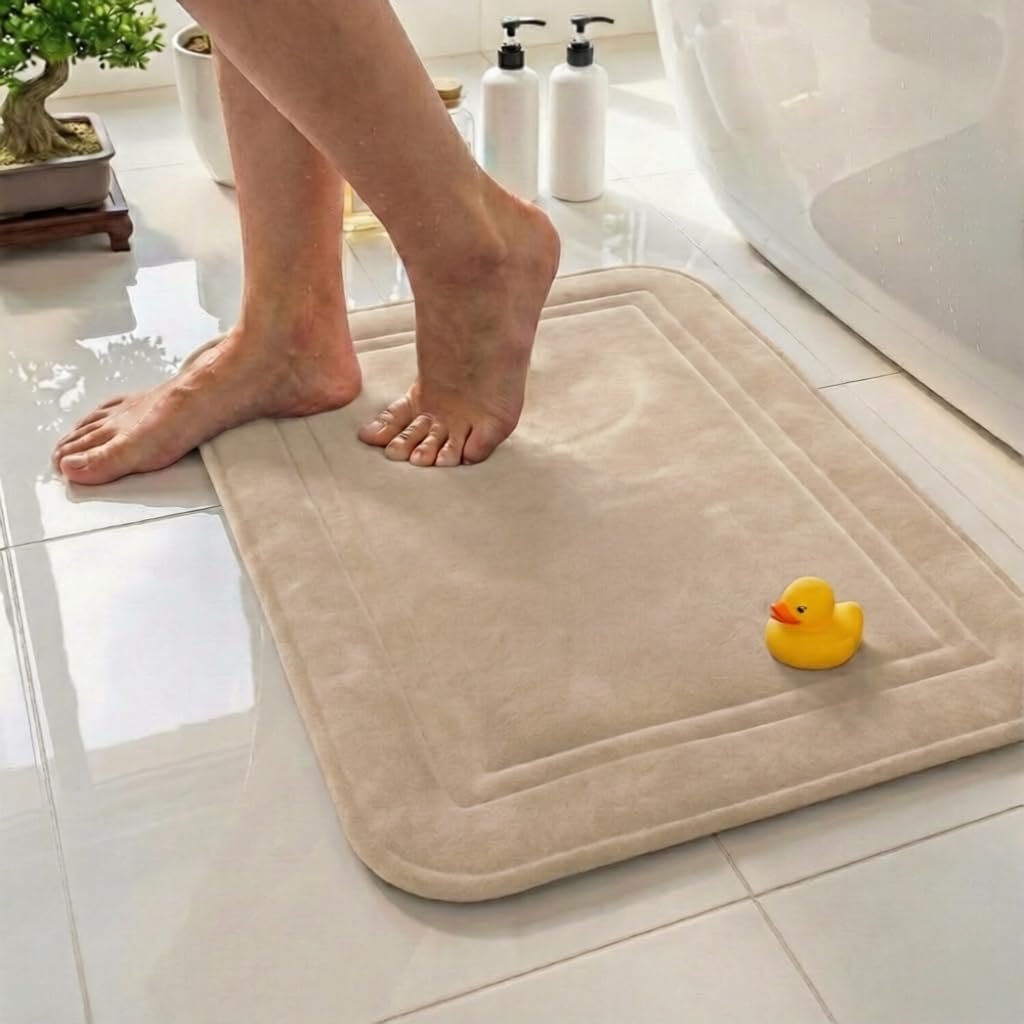 Memory Foam Bath Mat 24×16, Non Slip, Machine Washable, Quick Dry & Absorbent Rugs, Bath Mats for Bathroom Floor, Tub & Shower, Bathroom Rug, Beige