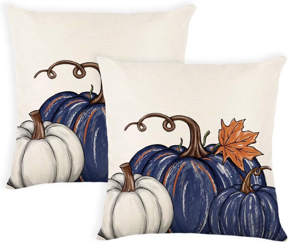 Fall Blue Pumpkin Pillow Covers 18×18 Inch Set of 2 Autumn Pumpkins Throw Pillow Cover Indoor Outdoor Decorative Pillow Case Thanksgiving Harvest Cushion Case Sofa Couch Fall Decorations