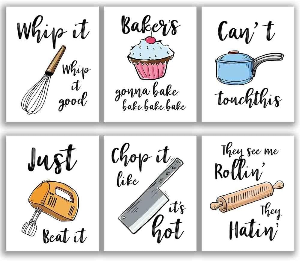 Funny Colorful Kitchen Wall Art Prints Kitchenware with Sayings Unframed Farmhouse Home Office organization Signs Bar Accessories Decorations, 6 Set, white house Deco Kitchen Decor (8″x10″) (Colorful)
