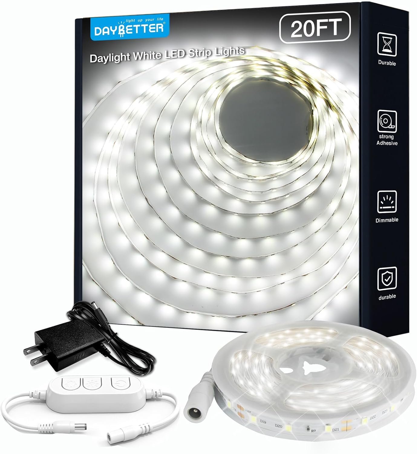 DAYBETTER White LED Strip Light, 20 ft Dimmable Bright Rope Lighting, 6500K 24V Strips, 360 LEDs 2835 Tape Lights for Bedroom, Kitchen, Mirror, Home Decoration(1 Roll)