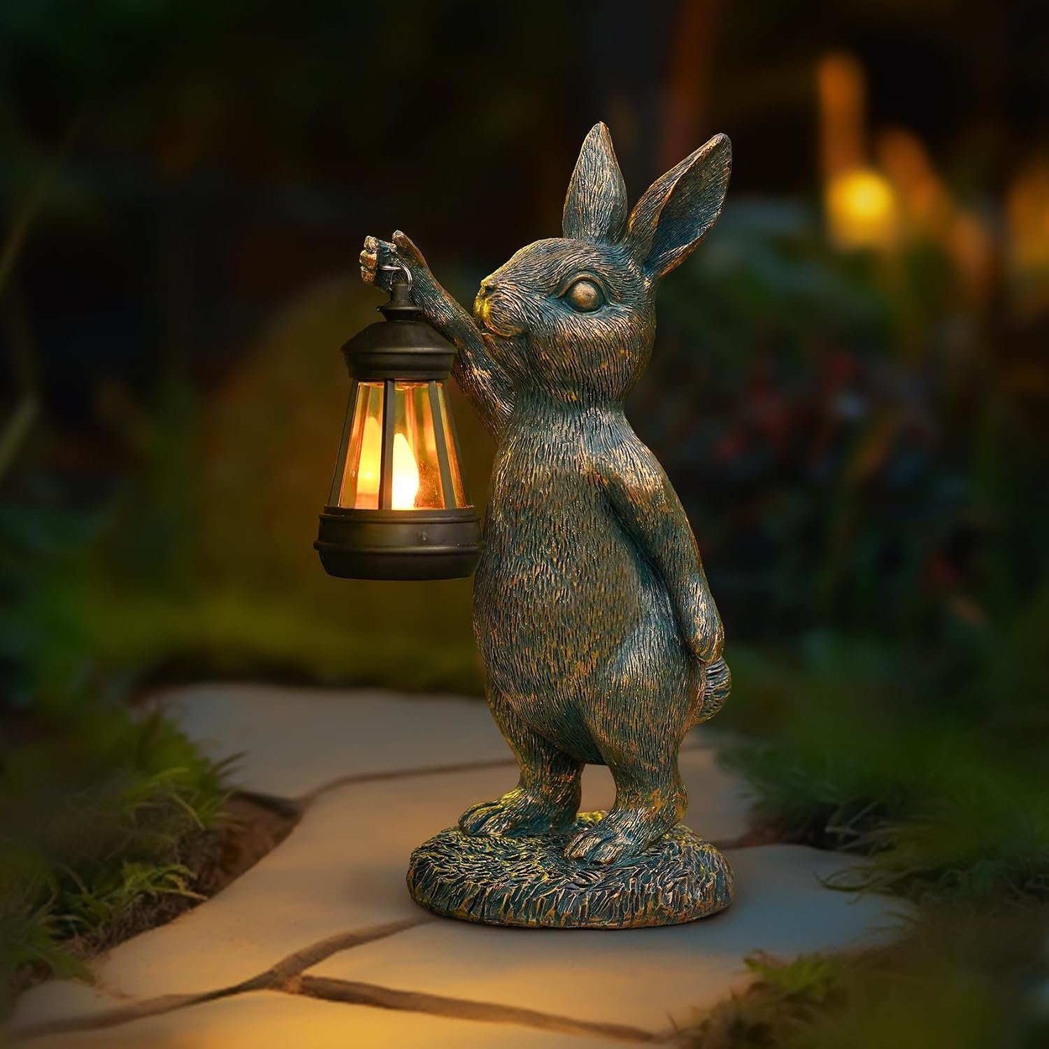 Rabbit Garden Statues with Solar Lantern Bunny Outdoor Figurine