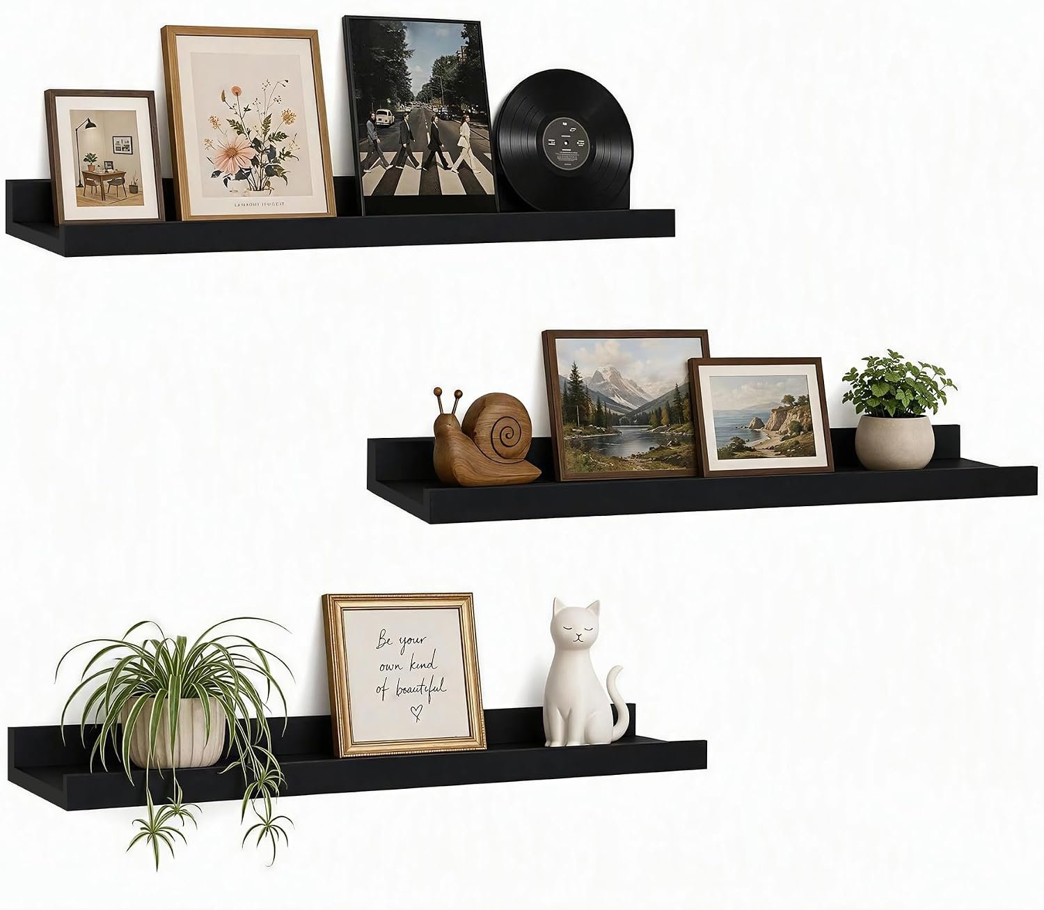 24inch Long Floating Shelves for Wall Decor, 3-Set Shelves with Lip, Black