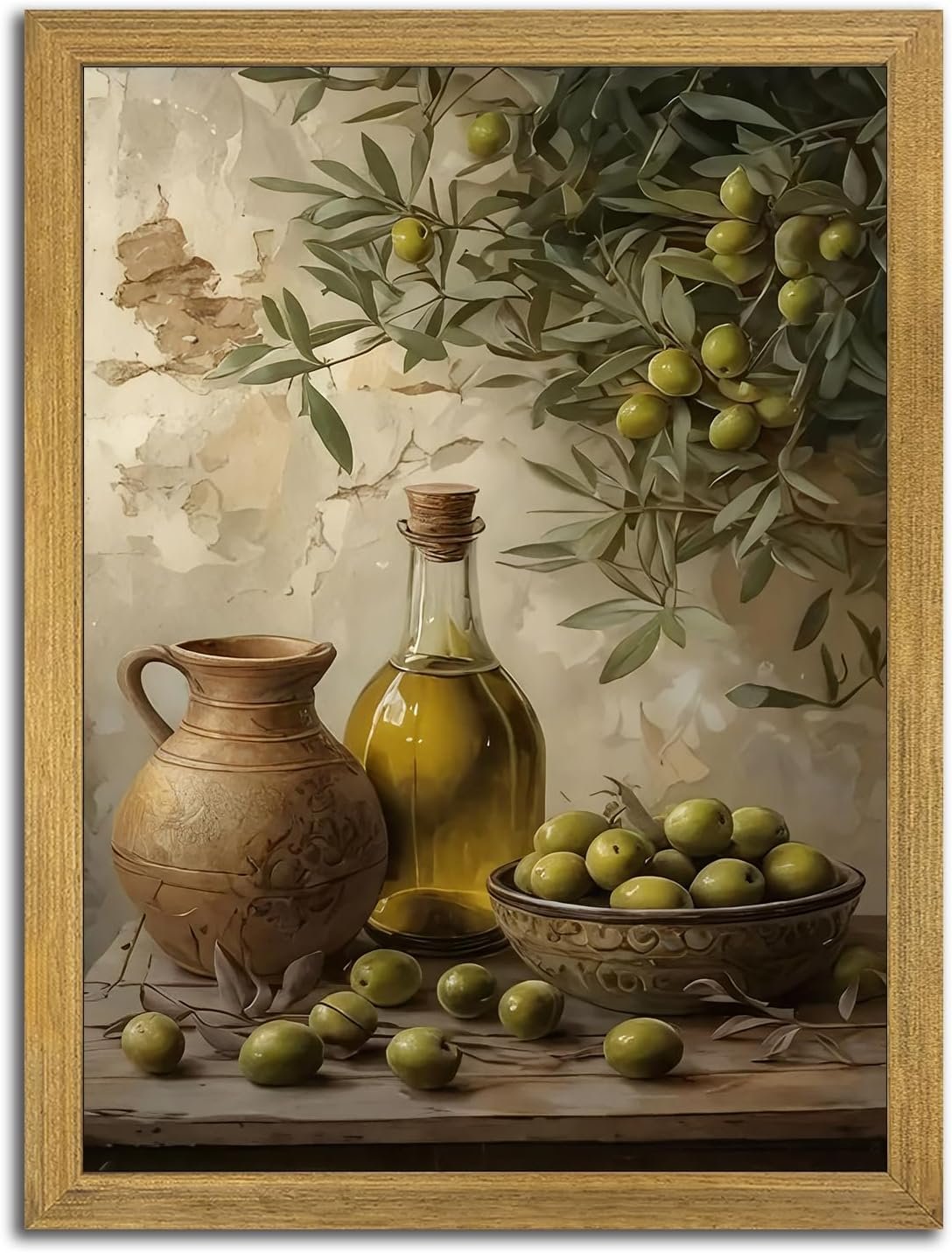 Wood Framed Olive Kitchen Wall Art, Vintage Rustic Still Life Canvas Print, Green Olives Poster Print Picture, Fruit Wall Decor Painting for Dining Room Cafe Restaurant Farmhouse Home Decor 8×10 inch