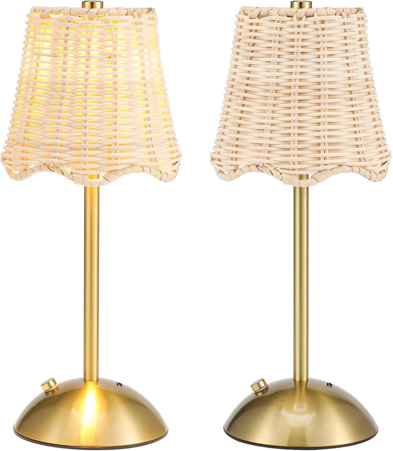12 Inch Rattan Cordless Table Lamp, Without Bow, Gold, 2 Pack