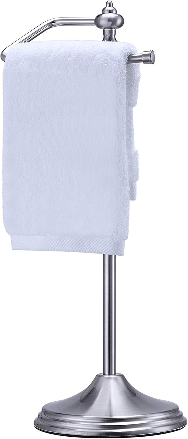 SunnyPoint Heavy Weight Metal Fingertip Towel Holder Stand for Bathroom, Kitchen, Vanity and Countertops; Hanging Bar is 14.2″ Height (Satin Nickel, 15.6″ x 5.6″ x 5.6″)-Easy Assembly Required.