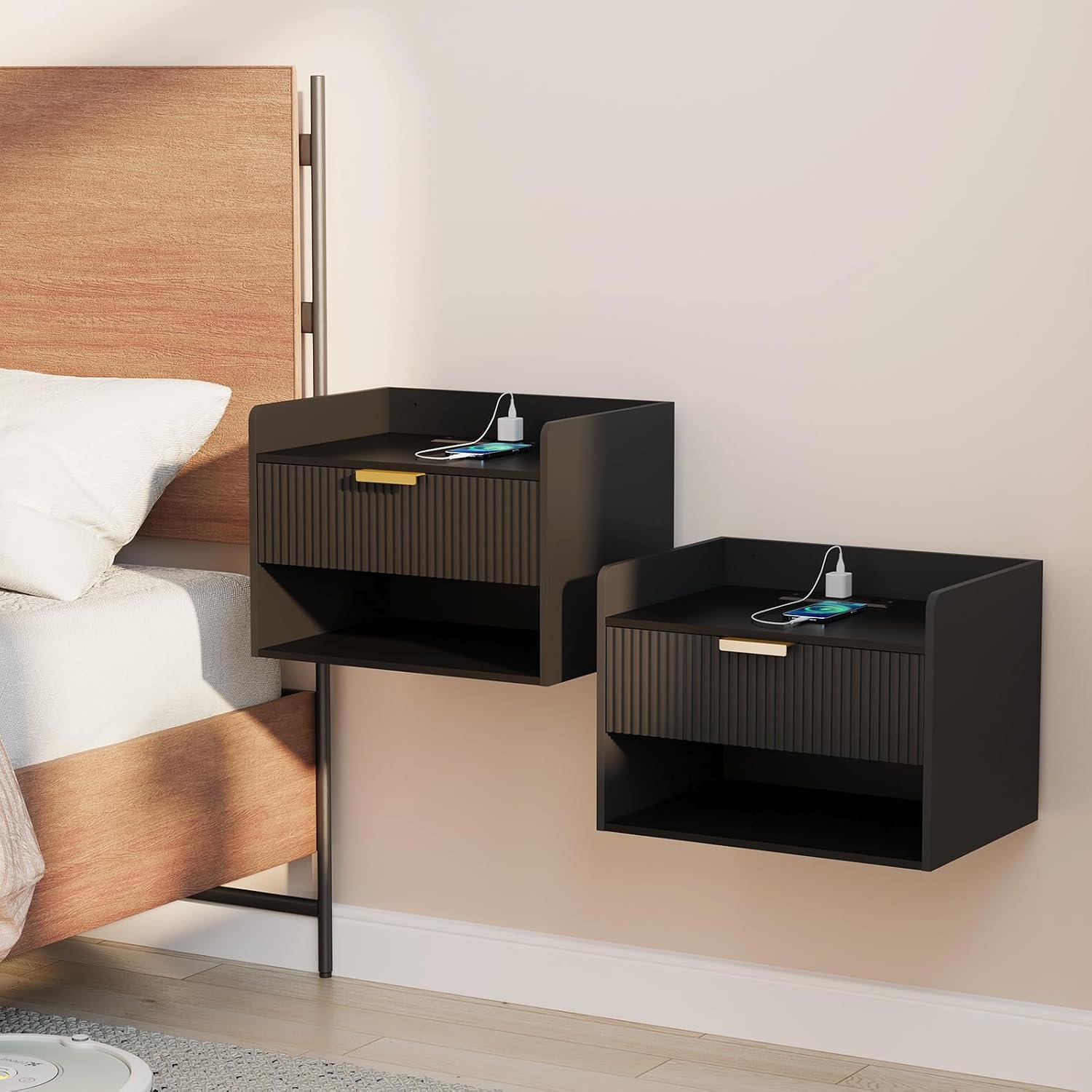 Arbuxzuy Floating Nightstand Set of 2 with Charging Station and Drawer