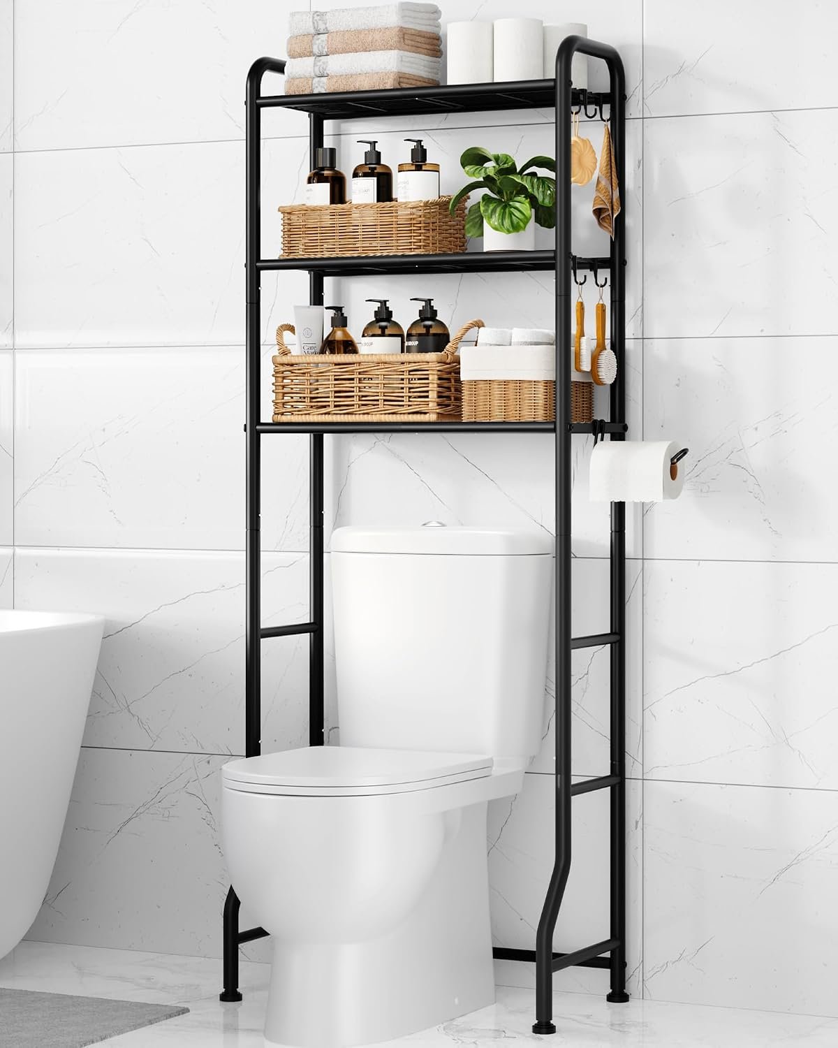 Kitsure Over Toilet Storage Rack, 63.2″ H Space-Saving, Holder & Hooks