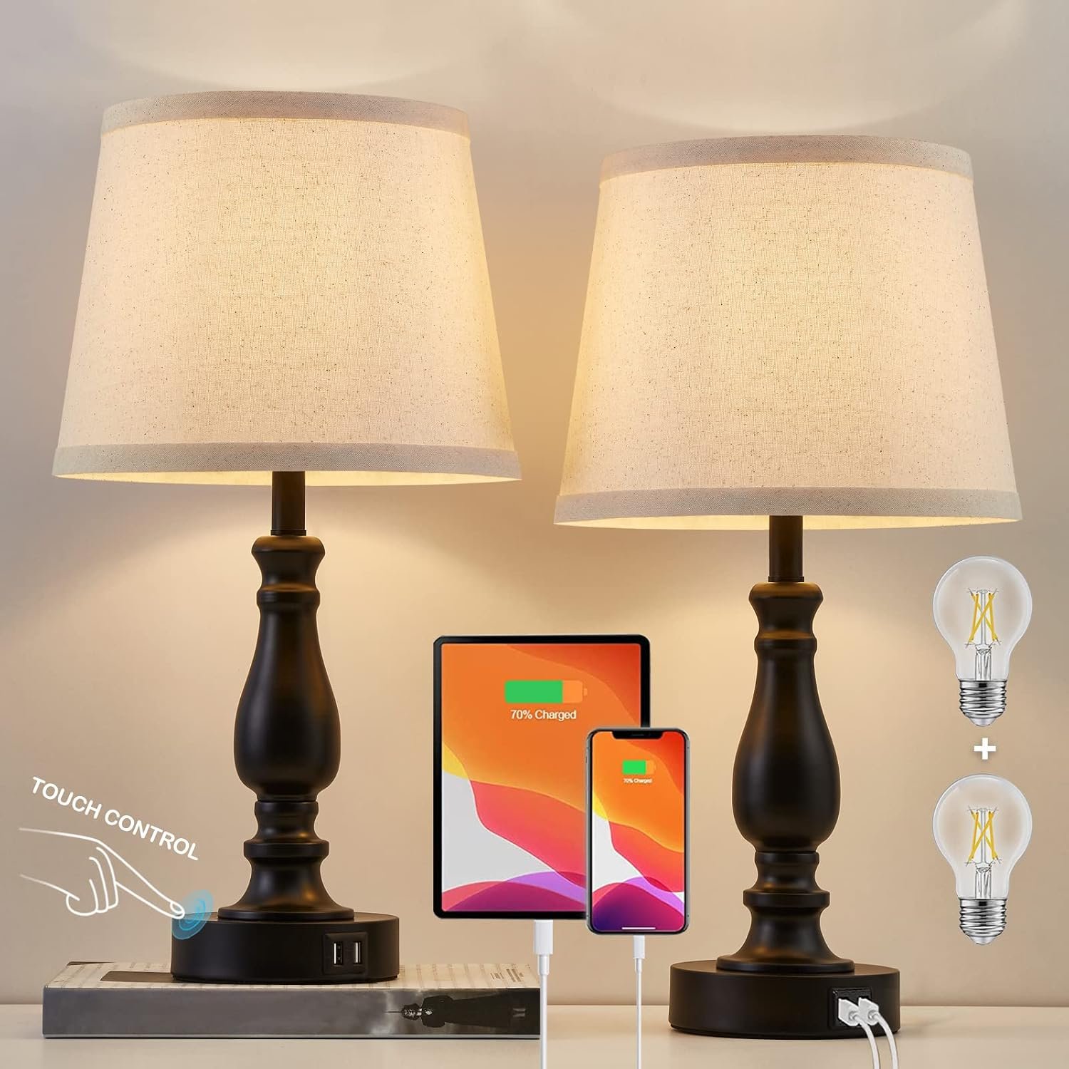 Lamps for Bedroom Set of 2, Touch Bedside Table Lamp with USB C+A Ports