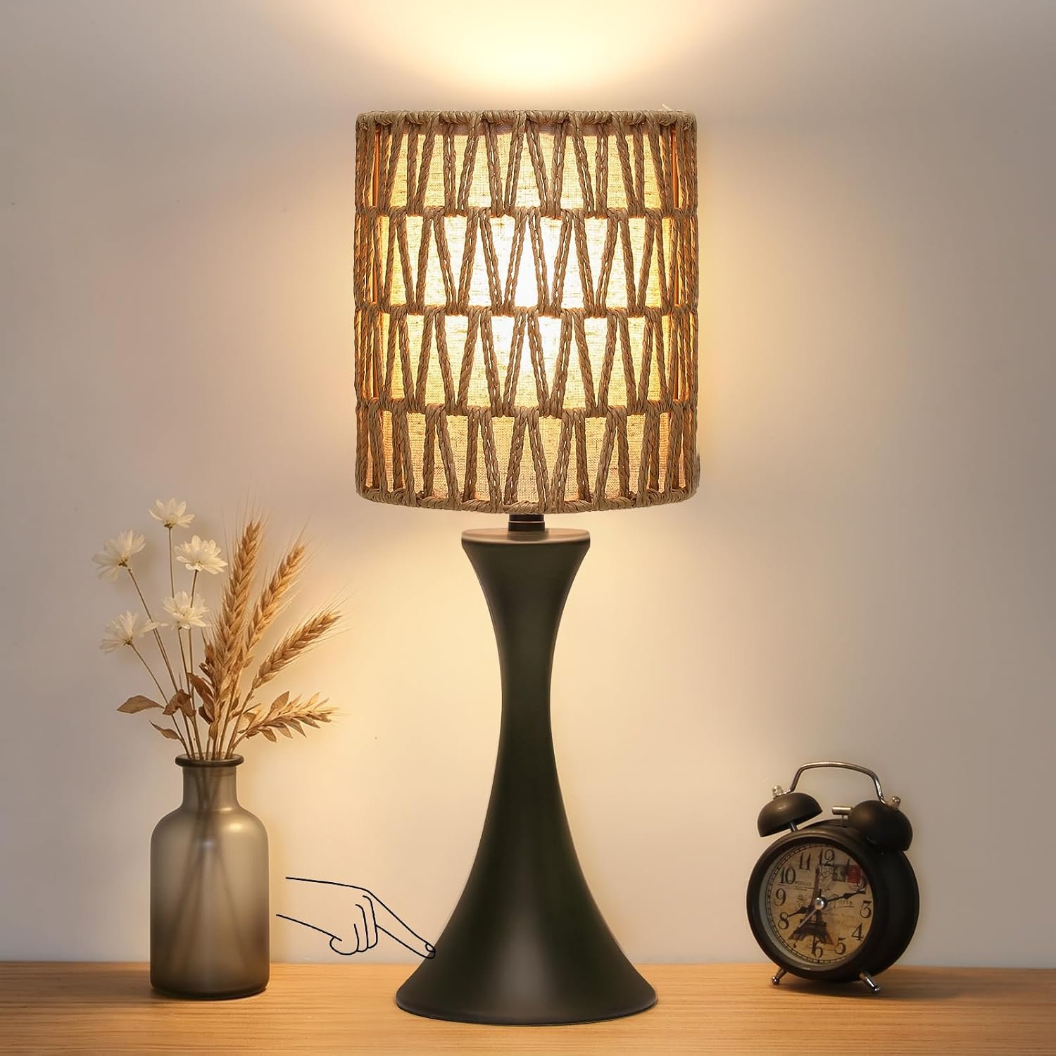 Rattan Table Lamp, 3 Way Touch Control Bedside Lamp with Dual-Layer Shade