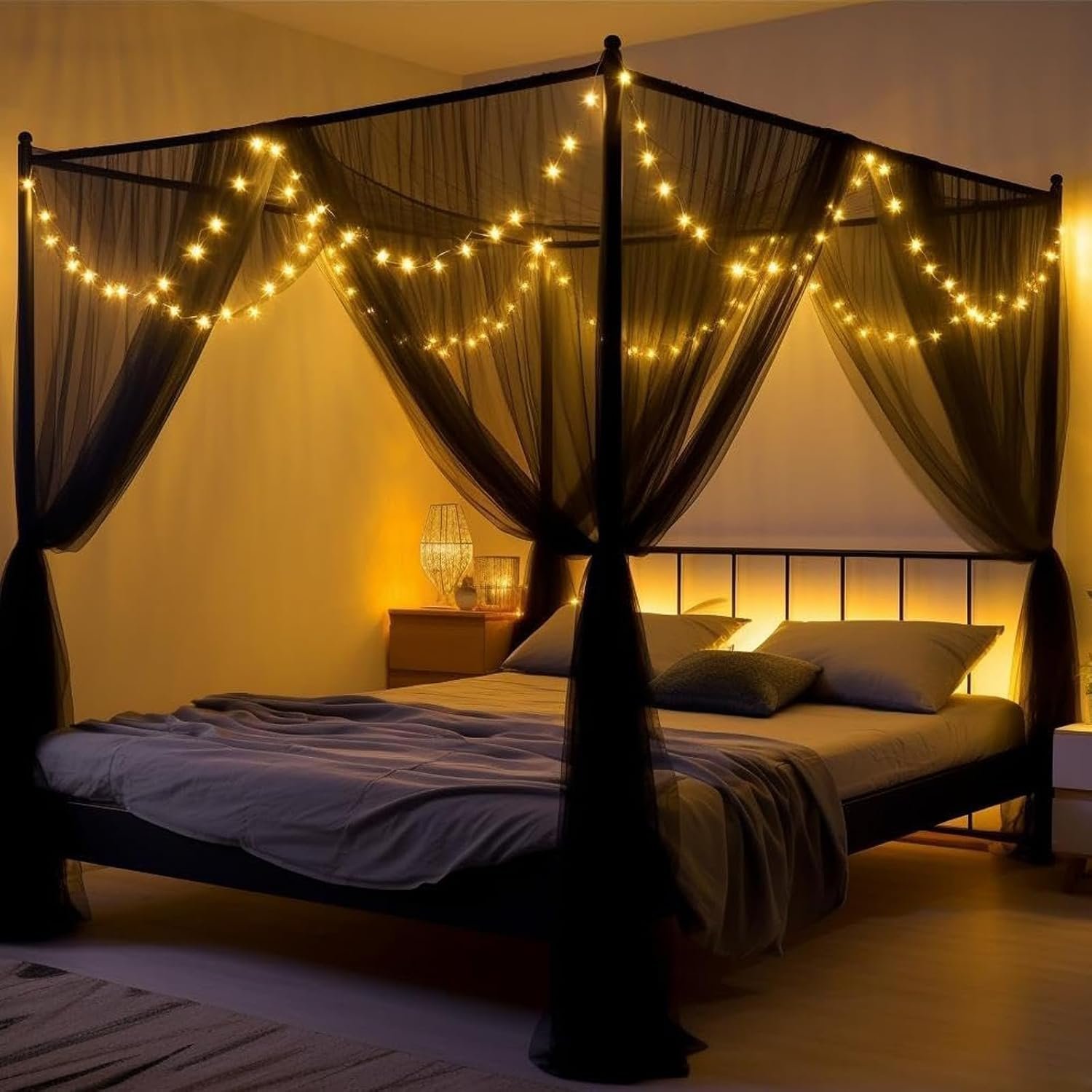 Black Mosquito Net Bed Canopy Curtains with 66ft LED Star String Lights