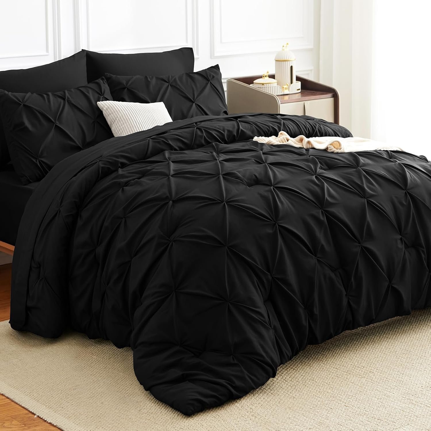 HIMEET Queen Comforter Set Black – 7 Pieces Pintuck Bed in a Bag