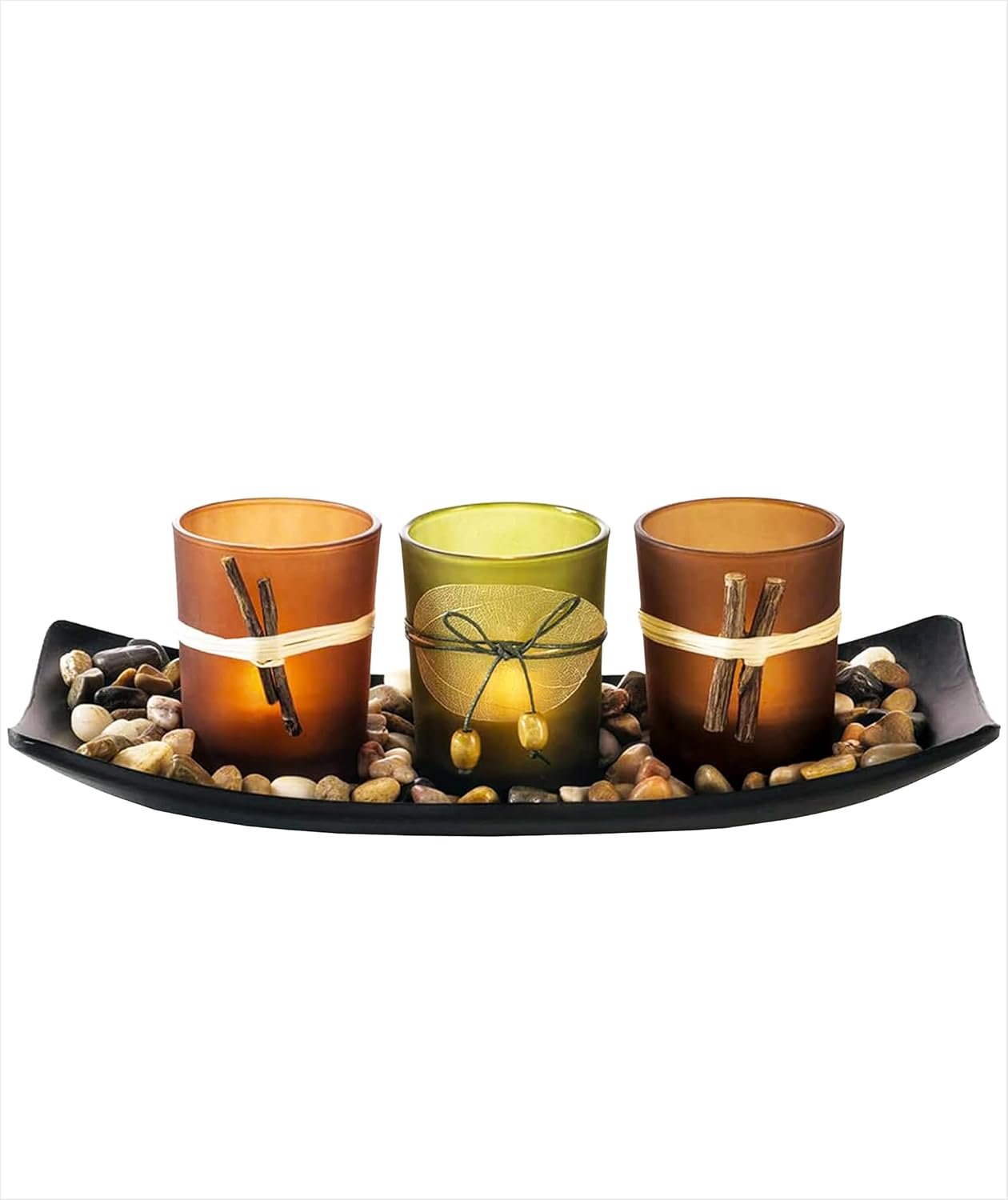 Dawhud Direct Decorative Votive Candle Holders, Vintage Decor Flameless Candlescape Set, 3 LED Tea Light Candles, Rocks and Tray – Fall Table Decor (Earth Tones)