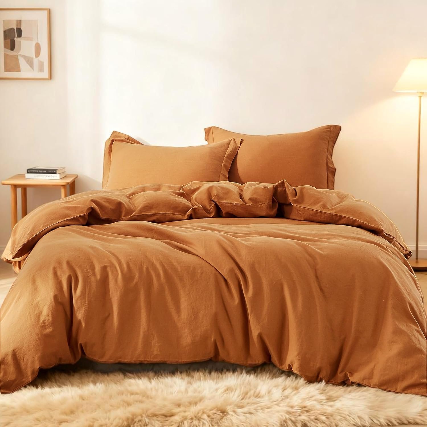 Simple&Opulence French Linen Duvet Cover Set 88″ x 92″- 3 Pieces (1 Comforter Cover,2 Pillowcases)- Natural Flax Cotton Blend-Solid Color Breathable Farmhouse Bedding-Rust, Queen