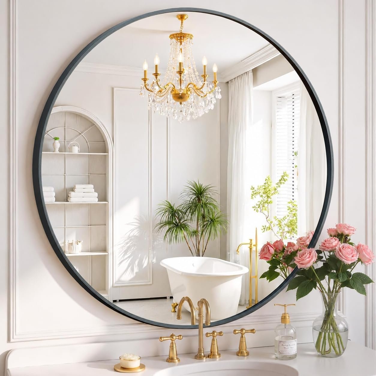 Simple Deluxe 36 Inch Round Bathroom Mirror, Black Vanity Mirror with Metal Frame, Modern Circle for Bathroom, Entryway, Bedroom, Living Room, Wall Mounted Decorative Mirrors (Black)