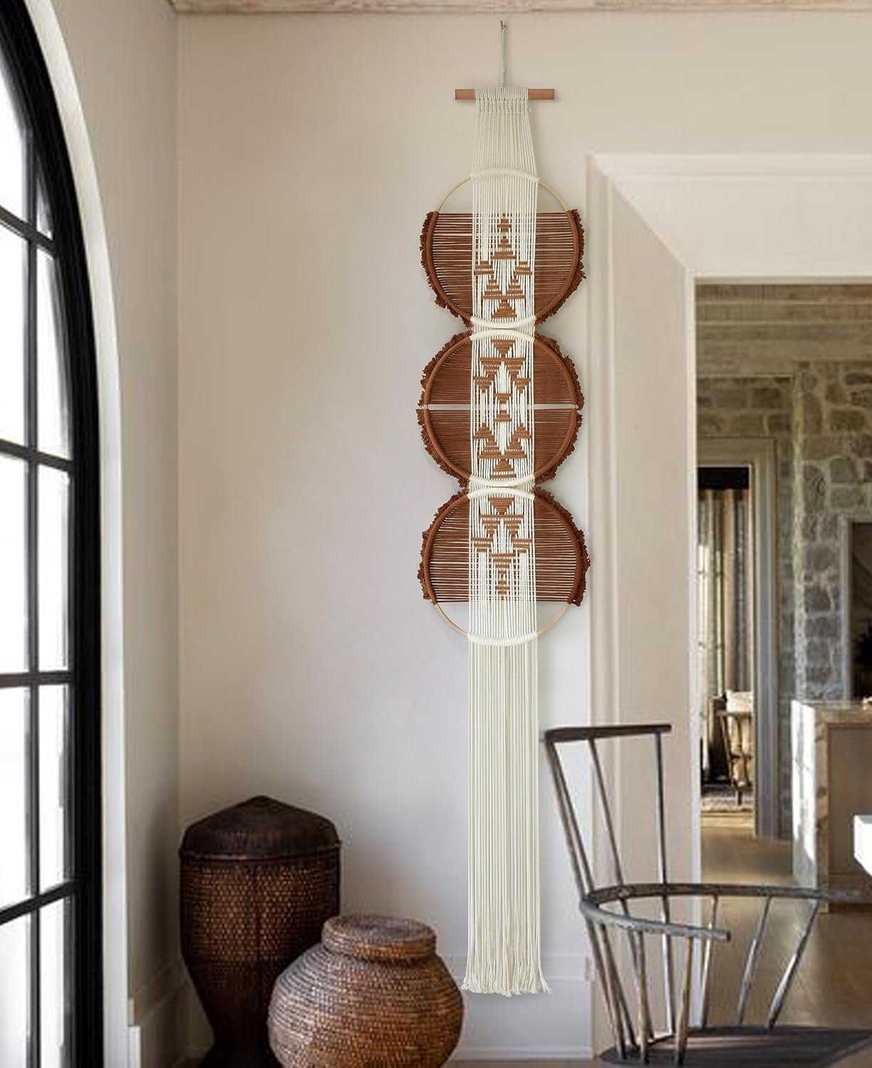 Macrame Wall Hanging Round Brown Handmade Wall Art Boho Decor 11.8″W*62″L