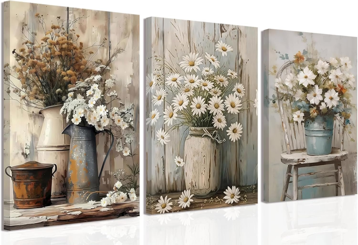 Rustic Farmhouse Floral Daisy Canvas Wall Art Set of 3 Vintage Country Flower Posters Wall Decor Wood Grain Paintings Print Rustic Decor Artwork for Bathroom Living Room Bedroom 12×16 In Framed
