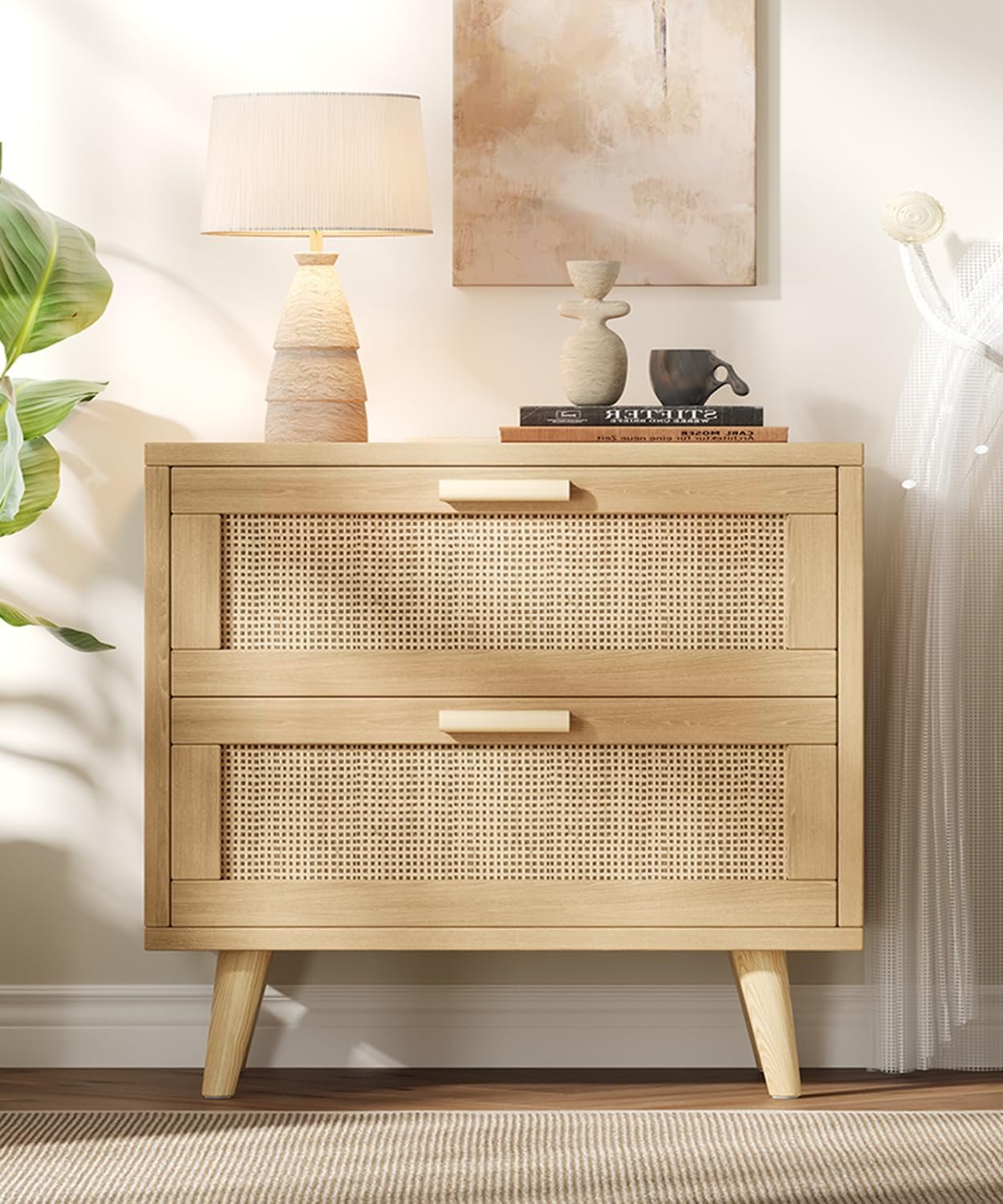 Keehusux 23.6″ W Rattan Nightstand with Charging Station and 2 Drawers