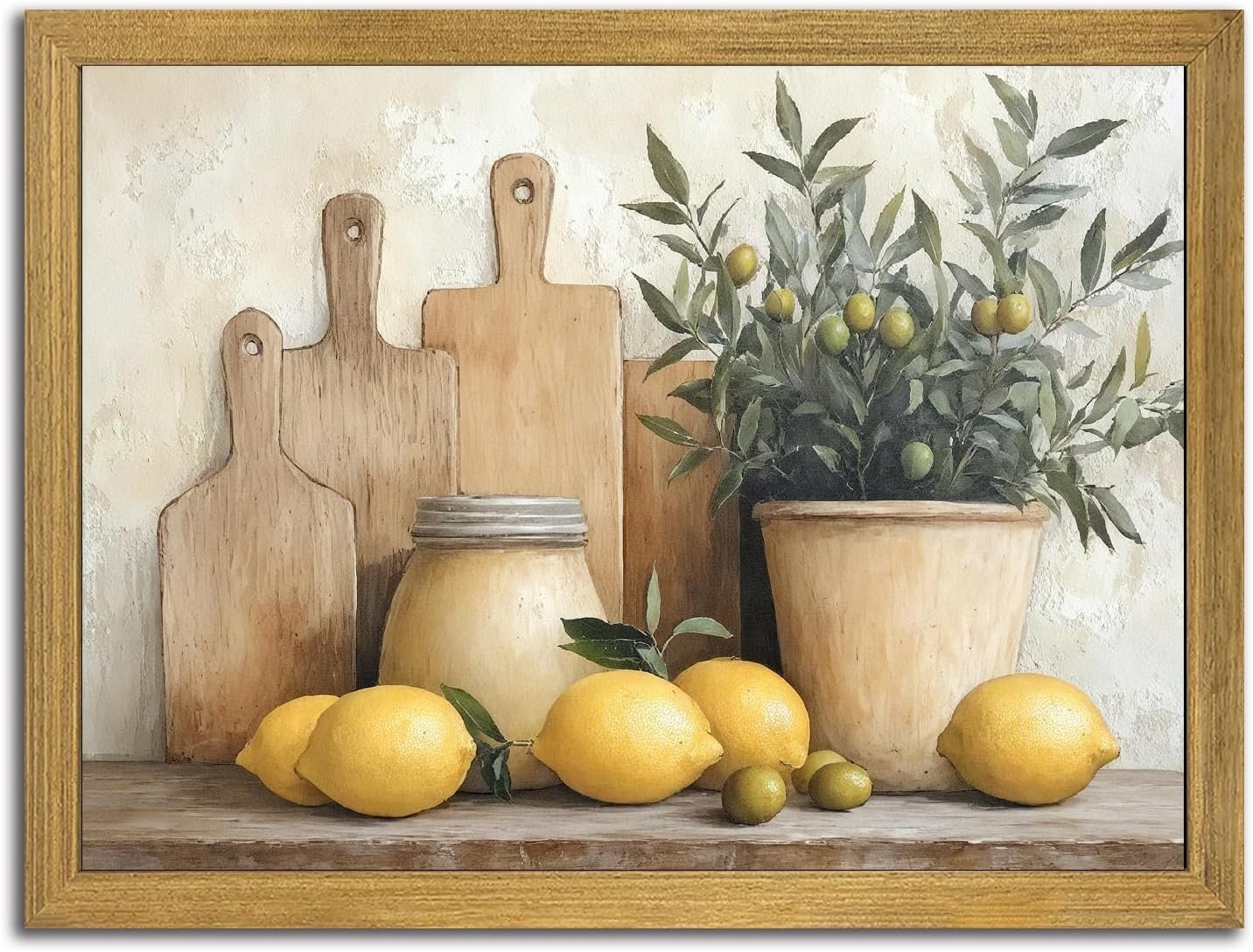 Wood Framed Vintage Kitchen Wall Art, Yellow Lemon Still Life Wall Decor Oil Paintings, Rustic Farmhouse Artwork Canvas Posters Prints Pictures for Living Room Bedroom Home Decor 8×10 Inch