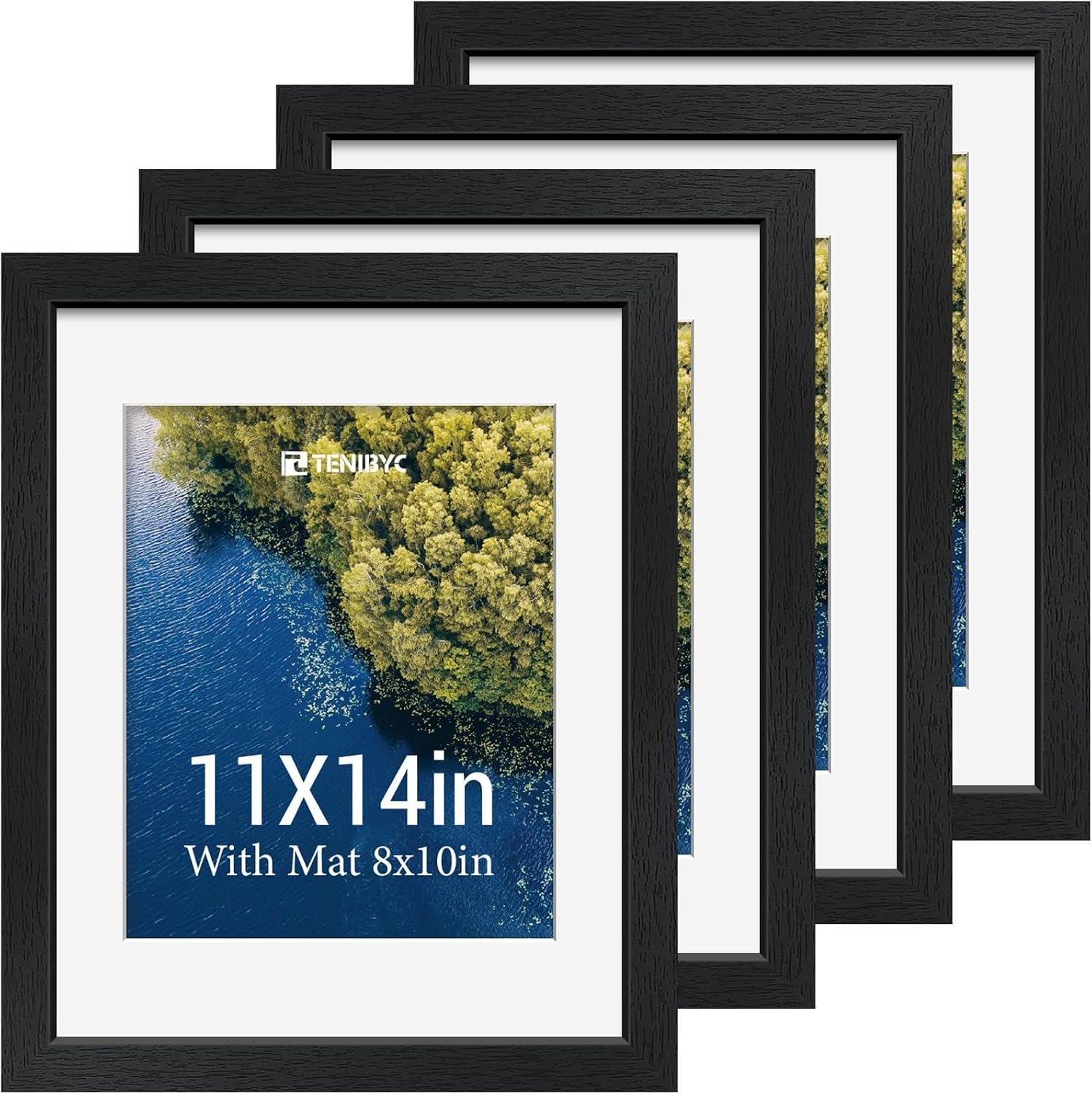 11×14 Picture Frame 4 Pack, 8×10 Mat, Black Wood, Glass, for Photo