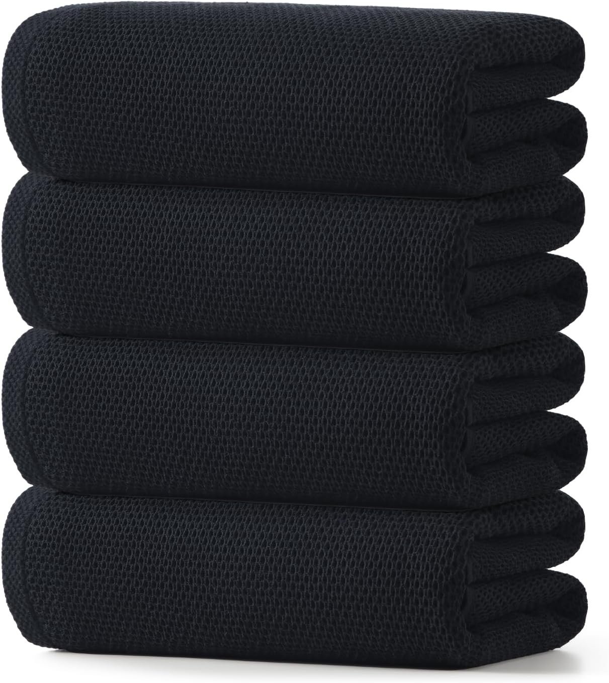 REDKISS 100% Cotton Waffle Weave Bath Towels 4 Piece – 27.5×55 Inches| Lightweight, Quick Dry & Highly Absorbent,Perfect for Spa, Gym, Travel, Guest Bathroom-Black