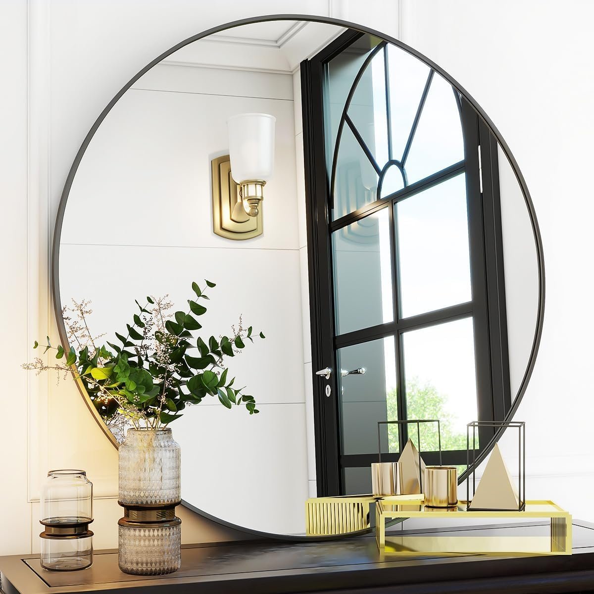 Black Round Bathroom Mirror 30″, Thin Metal Frame Wall Mirror