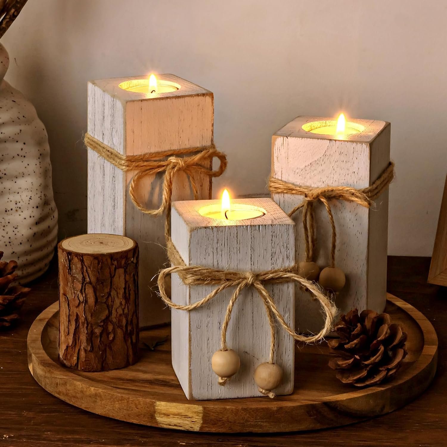 White Farmhouse Candle Holder with Flameless LED Candles Farmhouse Decor 3p