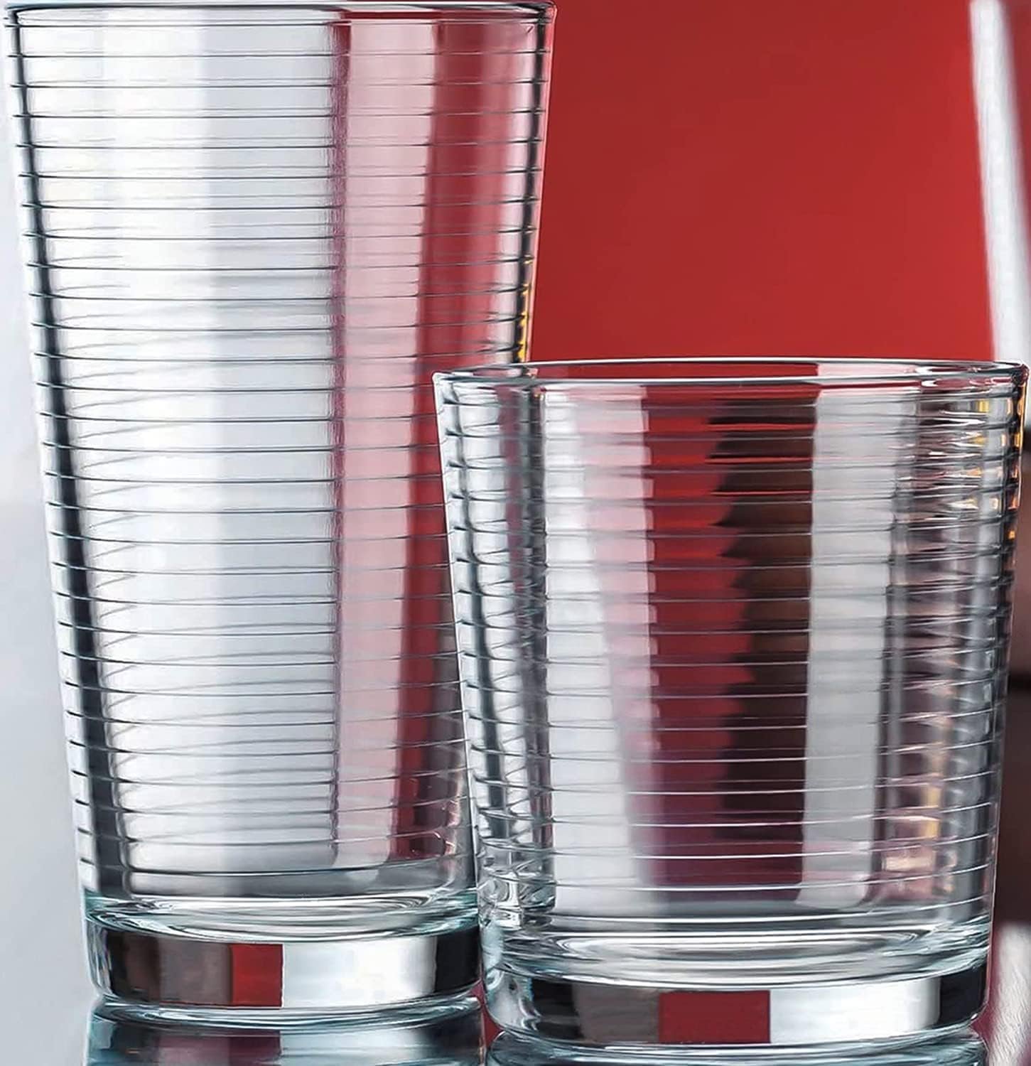 Le’raze Set of 16 Heavy Base Ribbed Durable Clear Drinking Glass Cups