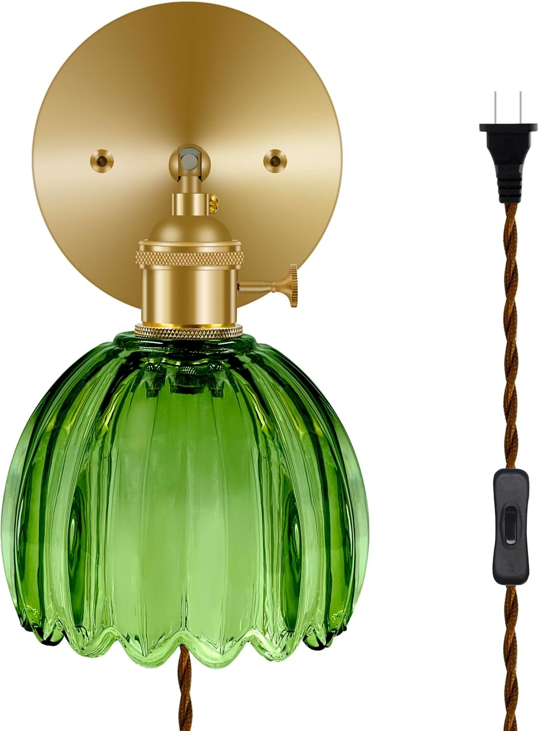 Wall Sconces, Tulip-Shaped Glass Shade, Modern Wall Lamp with Knob & in-line Switch, for Home Bedroom Doorway Decoration (Green Glass + Brass Finish, 1-Pack Plug-in)