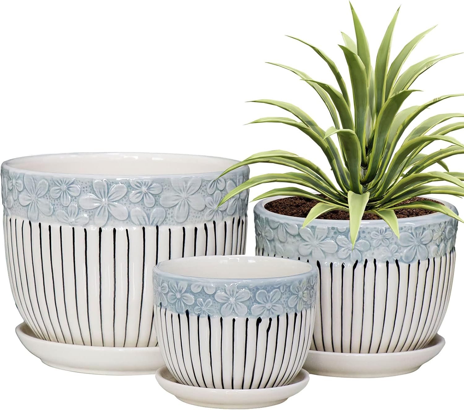 Gray Flower Pots, Texture Ceramic Plant Pots for Indoor Plants Set of 3