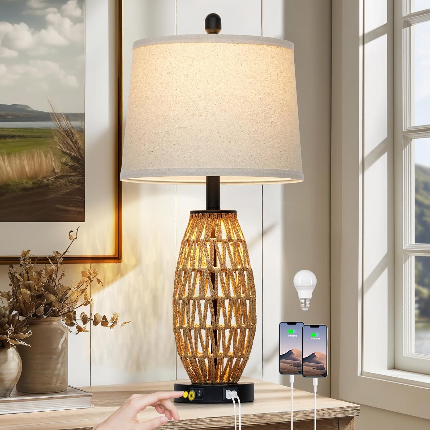 CINSARY 27″ Boho Rattan Table Lamp with Night Light, Wicker Bedside Lamp with USB A+C Charging Port, Woven Coastal Bedroom Lamps for Nightstand, Tall Farmhouse Lamps for Living Room Single