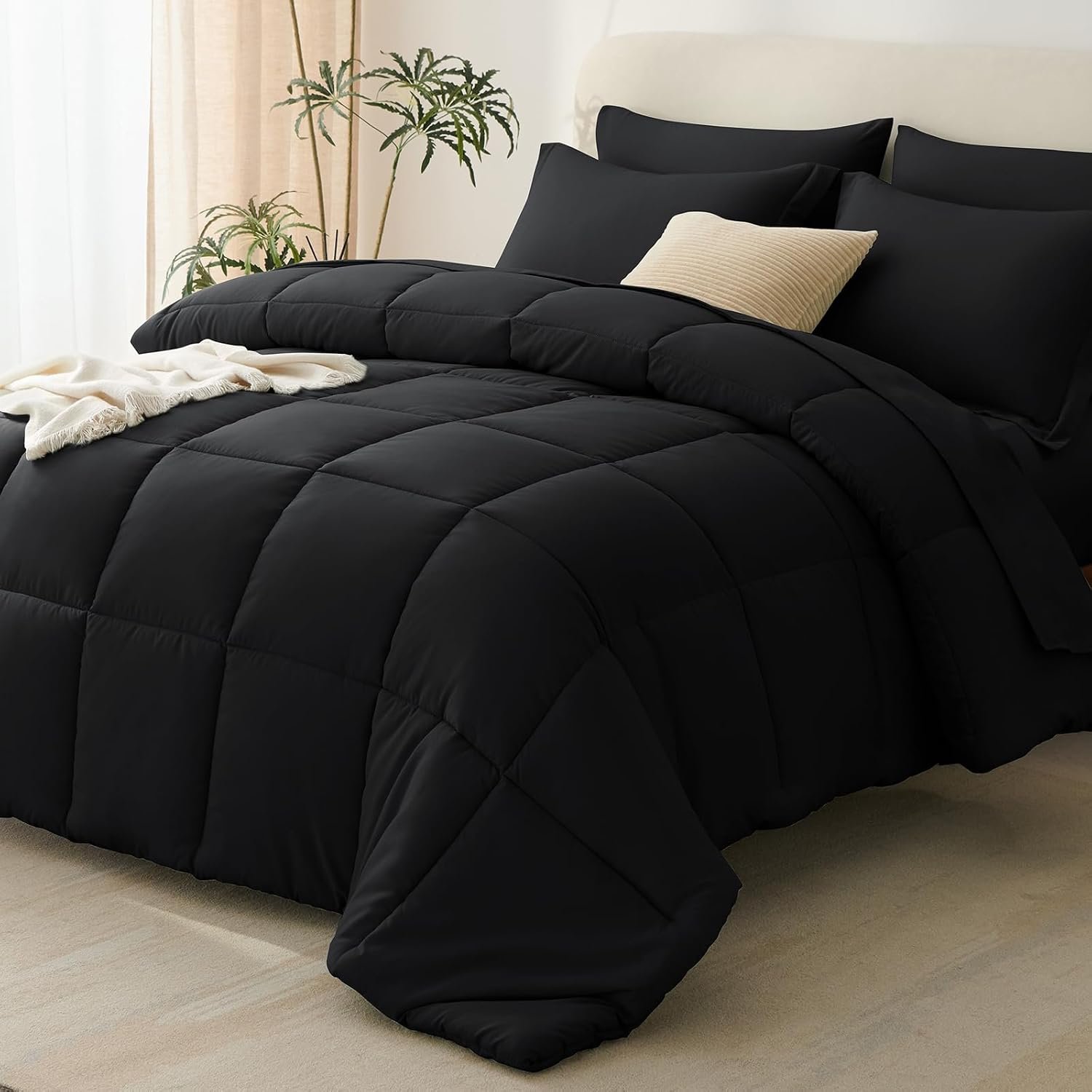 Queen Comforter Set, 7-Piece Bed in a Bag, Black