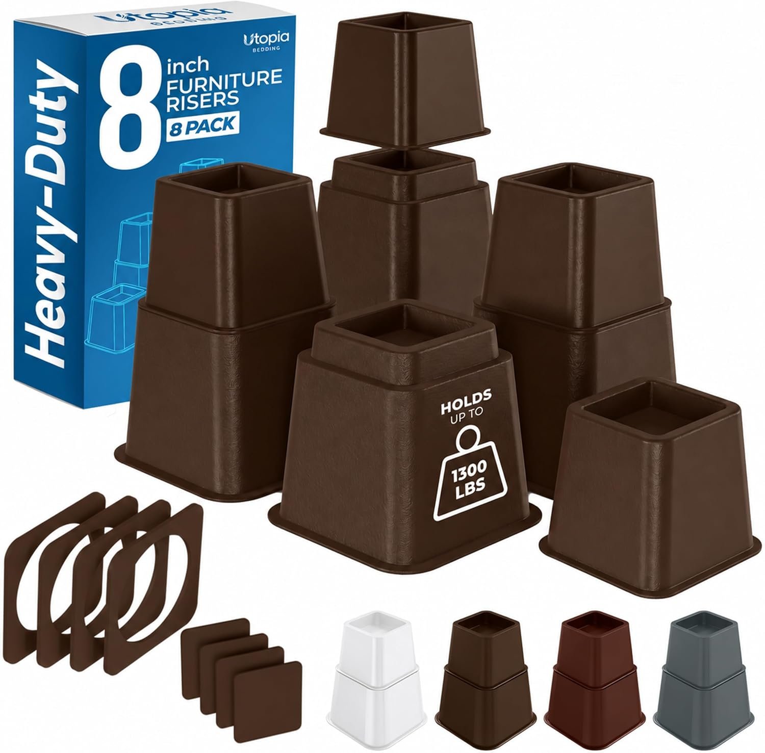 Utopia Bedding Heavy Duty Bed Risers, 3, 5, 8 Inch, Pack of 4, Brown