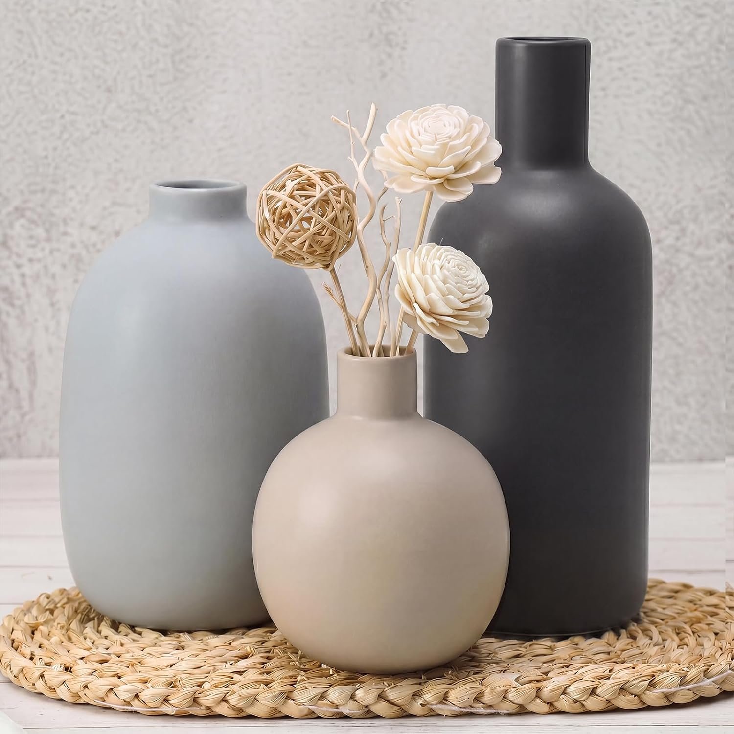 Large Ceramic Vase Set of 3, Neutral Vases Home Decor Waterproof
