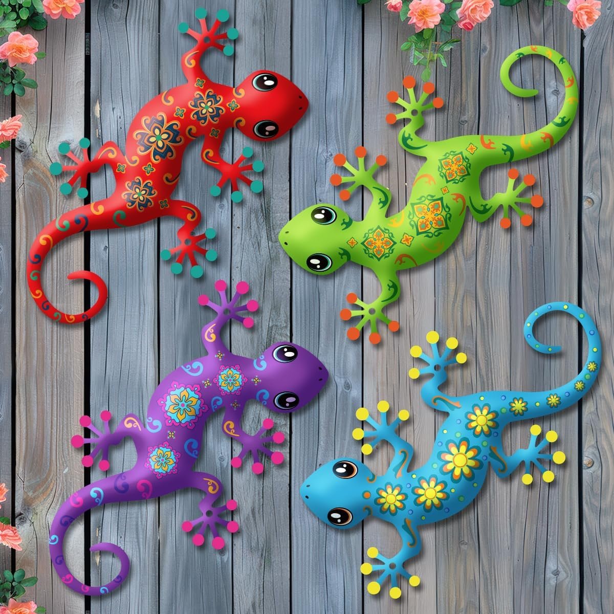 4 Pcs Metal Gecko Outdoor Wall Art Hanging Sculpture Decorations