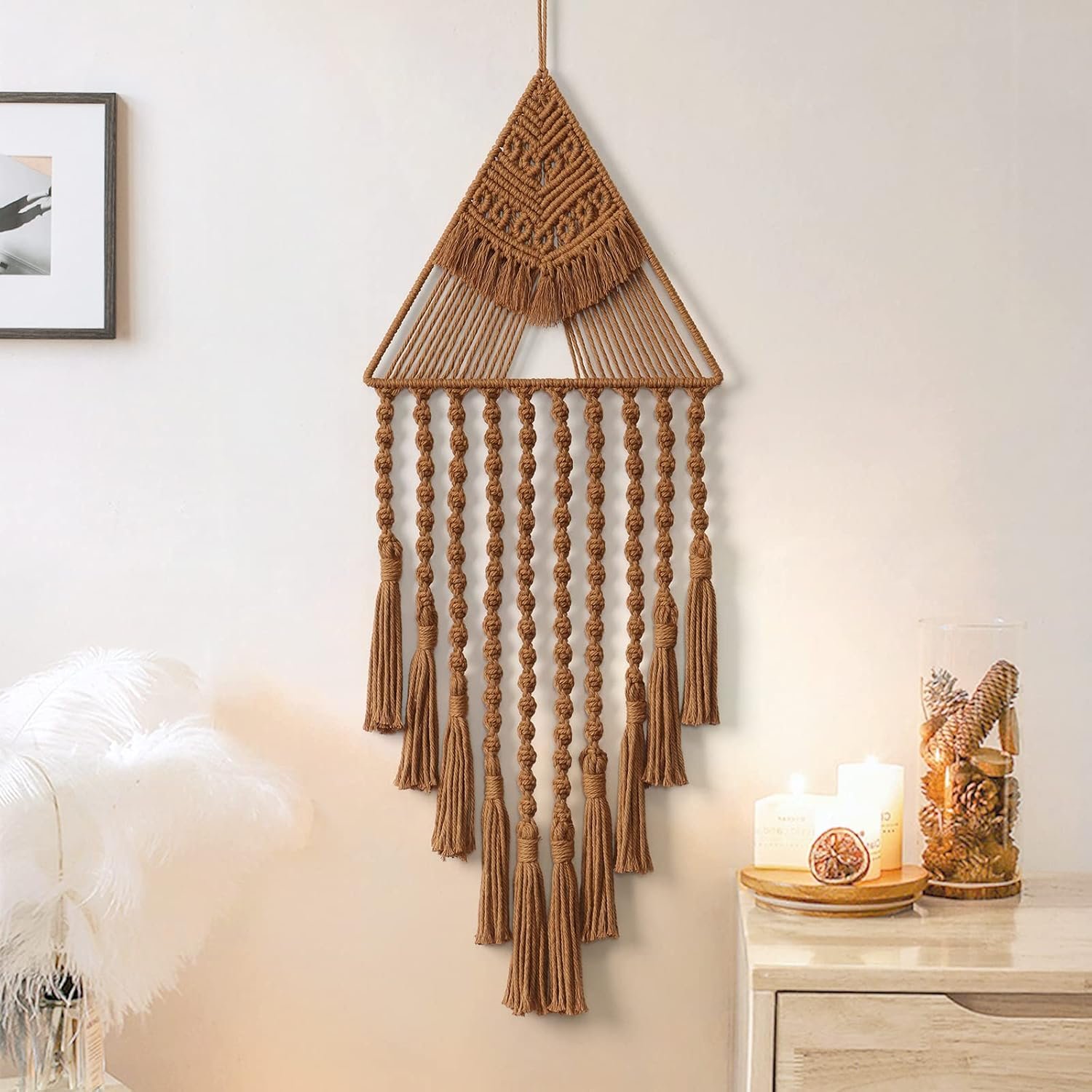 LOMOHOO Brown Macrame Woven Wall Hanging Dream Catcher Triangle Tassel