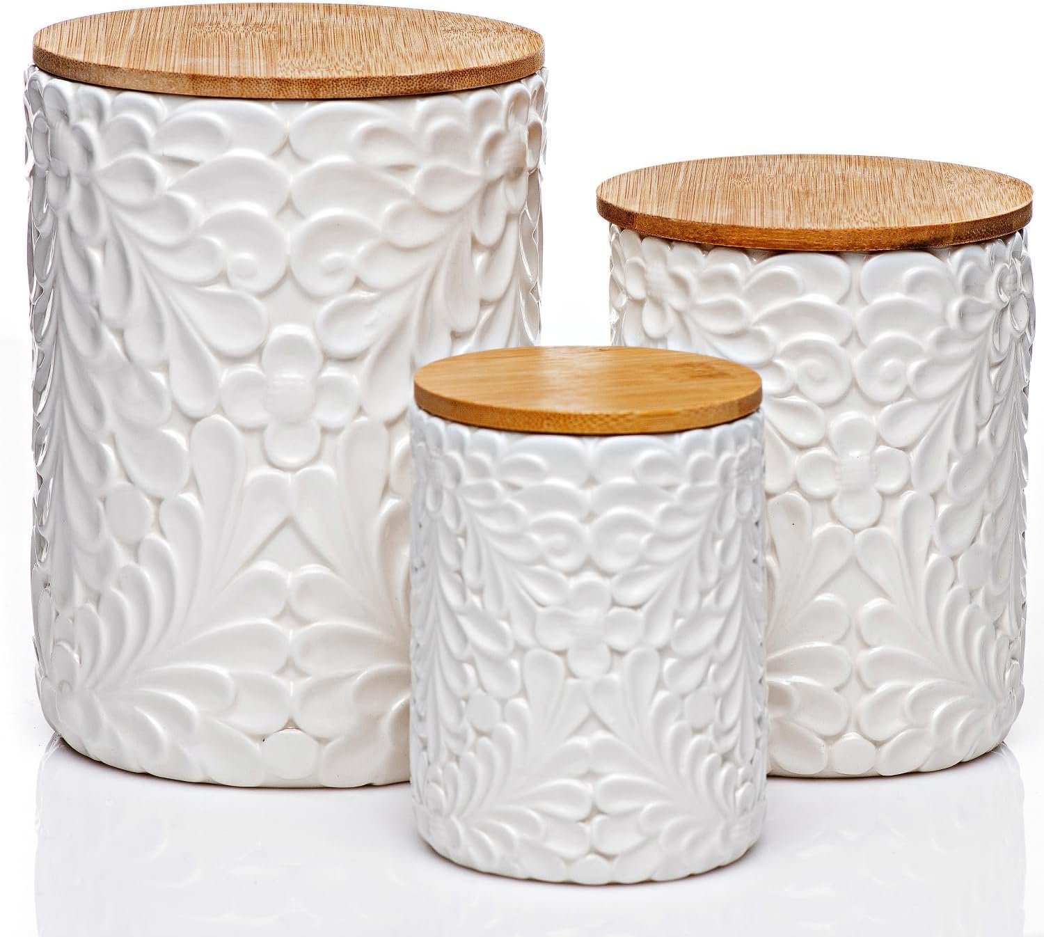 Engraved Ceramic Canisters Set of 3, 74, 36 & 18 Oz, Airtight Bamboo Lids