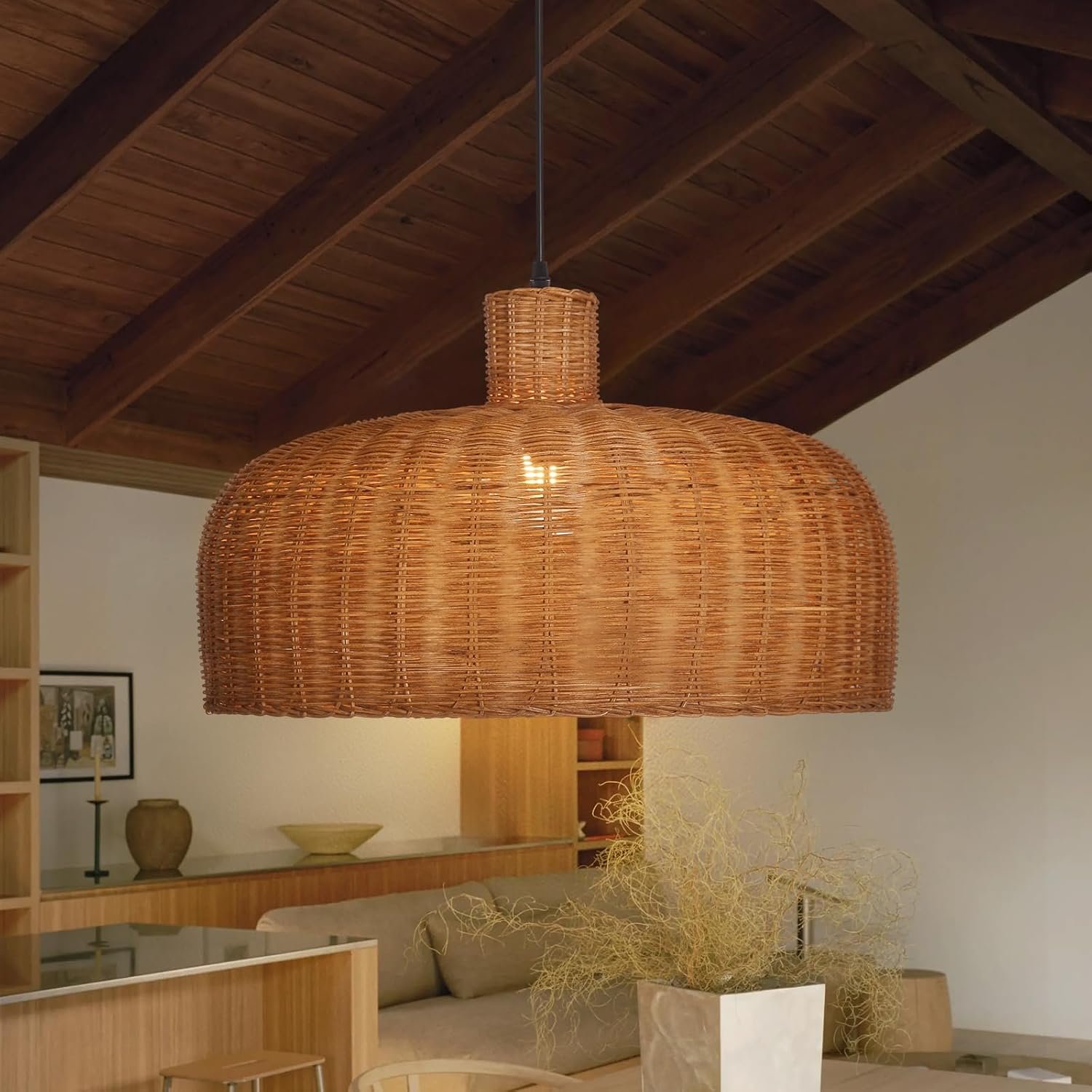 Arturesthome Rattan Pendant Light Farmhouse Chandelier Wicker Pendant Lampshade Hand-Woven Rattan Chandelier for Living Room Bedroom Dining Table