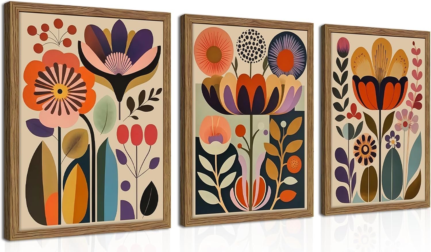 Framed Colorful Floral Wall Art Set of 3, Abstract Scandinavian Flower Canvas Wall Decor Paintings, Mid Century Modern Botanical Artwork Pictures Prints for Living Room Bedroom Dining Room 16×24 Inch