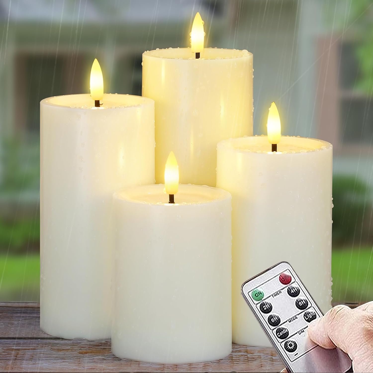 Outdoor 4pcs Flameless Waterproof Candles with Handy Remote Control, Cycle Timer Battery Operated Candle Grease Effect LED Flickering Pillar Plastic Long Lasting (Ivory, 3″ x4″ 5″ 6″ 7″)