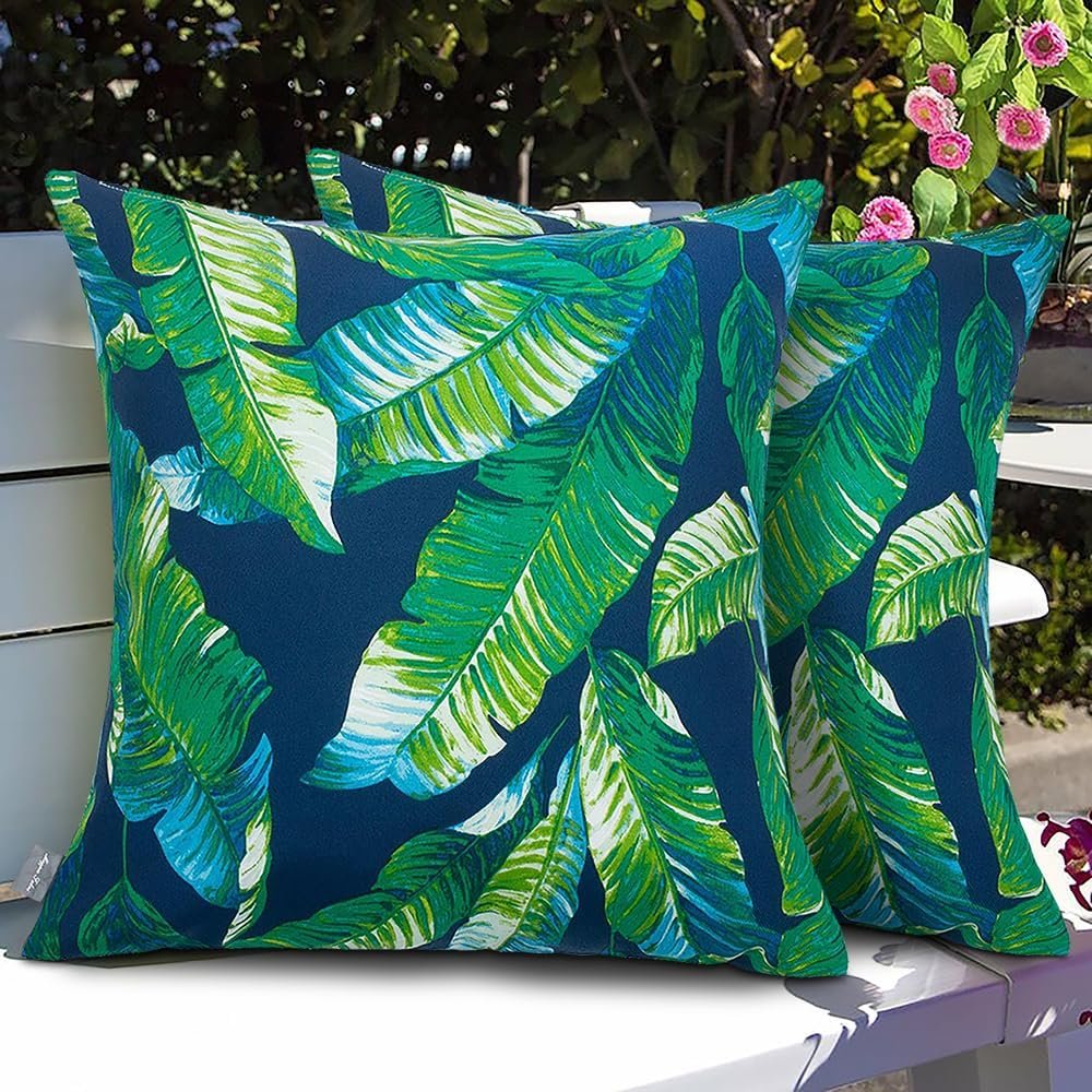 Magpie Fabrics Patio Pillow with Insert 18″x18″, Set of 2, Fade-Resistant Outdoor Indoor Cushion Decorative Throw Pillow Decoration for Couch Garden Furniture – Green Lagoon Leaves